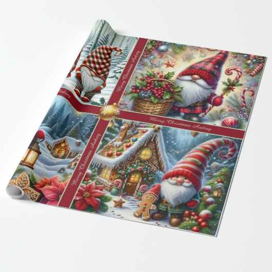 Cute Christmas Gnomes Wrapping Paper with Text Geschenkpapier (Ungerollt)
