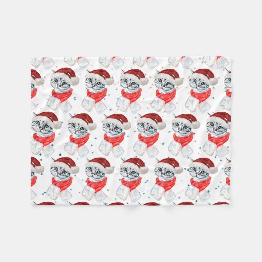 Cute Christmas Grey Tabby Cat Watercolor Fleecedecke (Vorderseite (Horizontal))