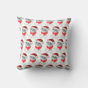 Cute Christmas Grey Tabby Cat Watercolor Kissen