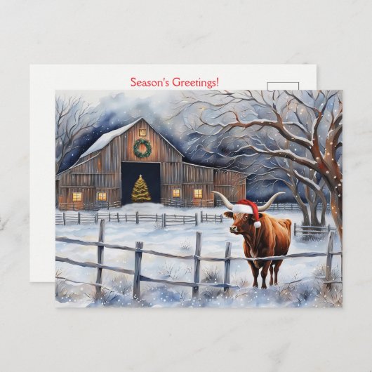 Cute Christmas Holiday Cow and Barn Country Postkarte (Vorne/Hinten)