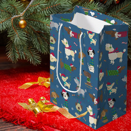 Cute Christmas Holiday Dog Pattern on Blue Mittlere Geschenktüte