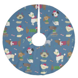 Cute Christmas Holiday Dog Pattern on Blue Polyester Weihnachtsbaumdecke