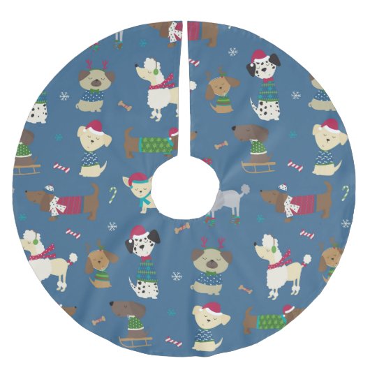 Cute Christmas Holiday Dog Pattern on Blue Polyester Weihnachtsbaumdecke (Vorderseite)