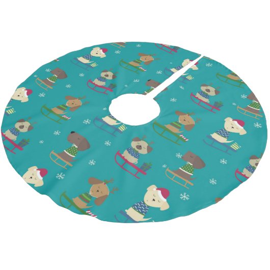 Cute Christmas Holiday Dogs on Sleds Pattern Polyester Weihnachtsbaumdecke (Schrägansicht)