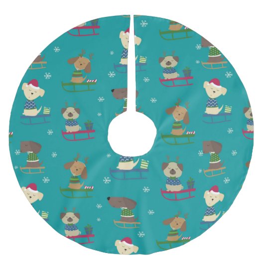 Cute Christmas Holiday Dogs on Sleds Pattern Polyester Weihnachtsbaumdecke (Vorderseite)