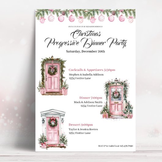 Cute Christmas Holiday Progressive Dinner Pink Einladung