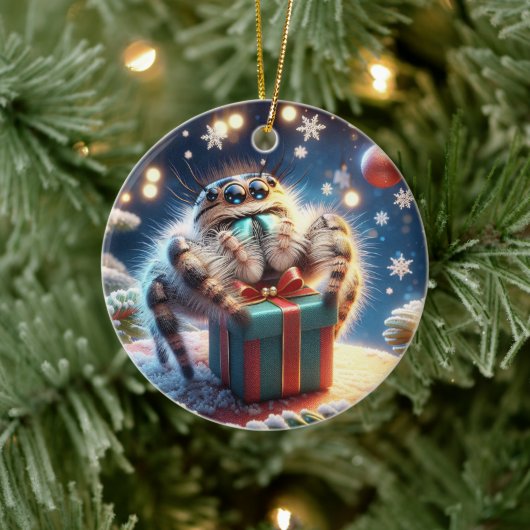 Cute Christmas Jumping Spider Holding a Gift Keramik Ornament (Baum)