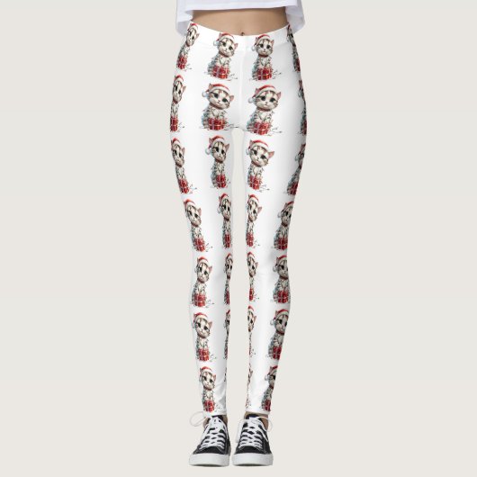 Cute Christmas Kitten on Gift Box Leggings (Vorderseite)