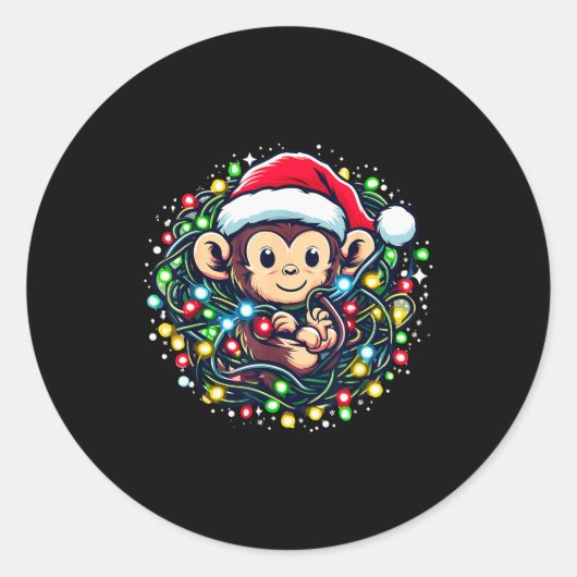 Cute Christmas Monkey Santa Hat Lights Monkey Wome Runder Aufkleber (Vorderseite)