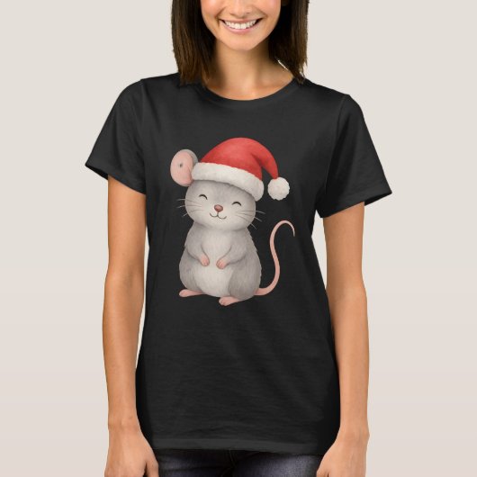 Cute Christmas Mouse in Santa Hat T-Shirt (Vorderseite)