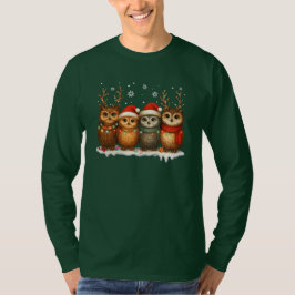 Cute Christmas Owls with Santa Hats & Reindeer  T-Shirt