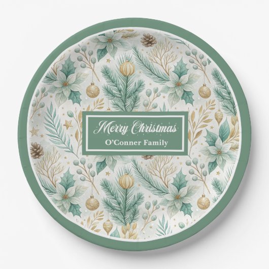 Cute Christmas Paper Plates Pastel Sage and Gold Pappteller (Vorderseite)
