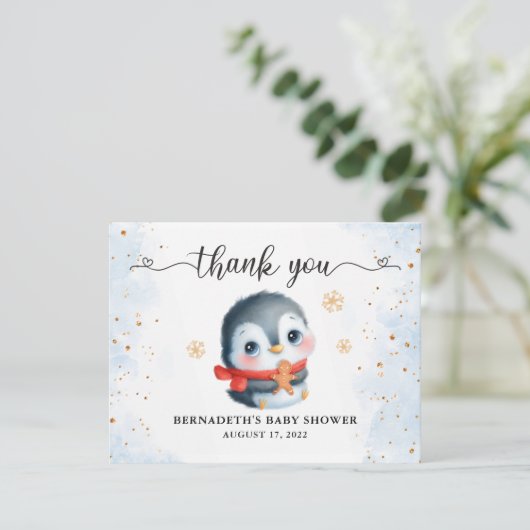 Cute Christmas Penguin Baby Shower Thank You Card Dankeskarte (Stehend Vorderseite)