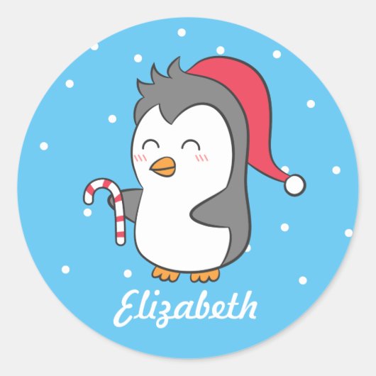 Cute Christmas Penguin Candy Cane Runder Aufkleber (Vorderseite)