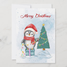 Cute Christmas Penguin Decorating Tree with Lights Feiertagskarte