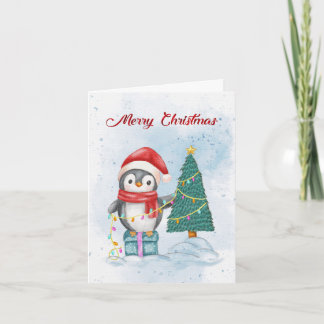 Cute Christmas Penguin Decorating Tree with Lights Feiertagskarte