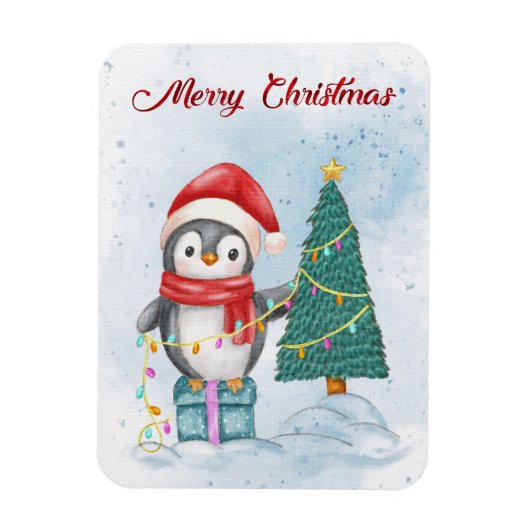 Cute Christmas Penguin Decorating Tree with Lights Magnet (Vertikal)