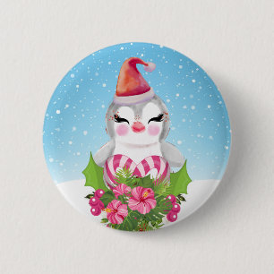 Cute Christmas Penguin in Santa Hat Button