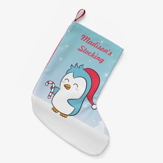 Cute Christmas Penguin With Cap and Candy Cane Kleiner Weihnachtsstrumpf (Vorderansicht (hängend))