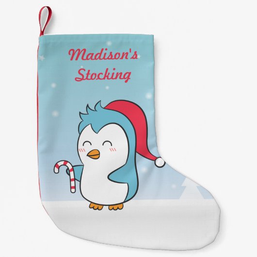 Cute Christmas Penguin With Cap and Candy Cane Kleiner Weihnachtsstrumpf (Vorderseite)