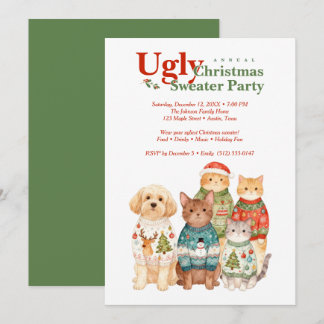 Cute Christmas Pets Sweater Party Green TMF26 Einladung