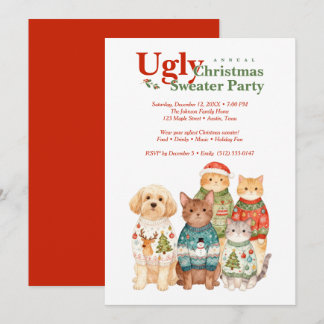 Cute Christmas Pets Sweater Party Red TMF26 Einladung