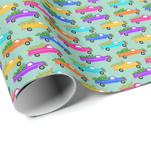 Cute Christmas Pickup Trucks Trees Retro Xmas Gift Geschenkpapier (Rolleneckpunkt)