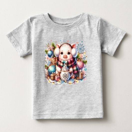 Cute Christmas Pig With Gifts and Hot Cocoa T-Shir Baby T-shirt (Vorderseite)