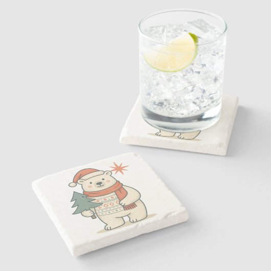 Cute Christmas Polar Bear Scandinavian Winter Steinuntersetzer (Seitenansicht)