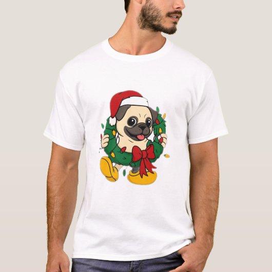 Cute Christmas Pug with Festive Wreath T-Shirt (Vorderseite)