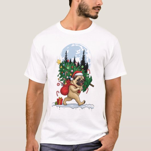 Cute Christmas Pug With Tree and Gifts T-Shirt (Vorderseite)
