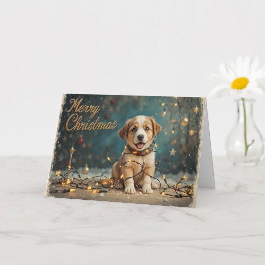 Cute Christmas Puppy with Lights Adorable Holiday Karte (Kleine Pflanze)