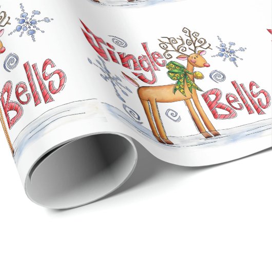 Cute Christmas Reindeer, Jingle Bells Snowflakes Geschenkpapier (Rolleneckpunkt)