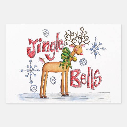 Cute Christmas Reindeer, Jingle Bells Snowflakes Geschenkpapier Set (Vorderseite 3)