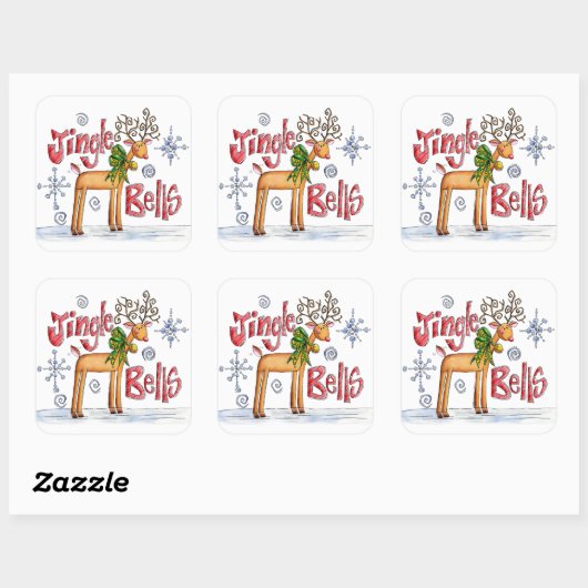 Cute Christmas Reindeer, Jingle Bells Snowflakes Quadratischer Aufkleber (Blatt)