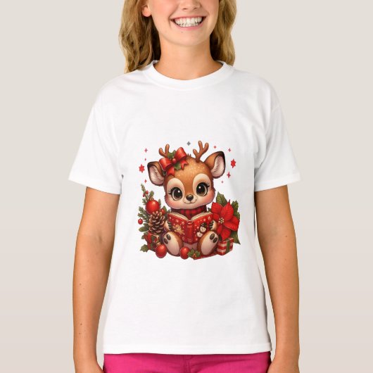 Cute Christmas Reindeer Reading Book T-Shirt (Vorderseite)