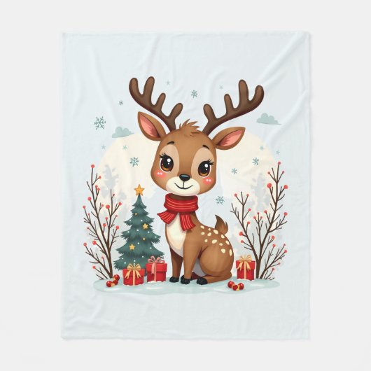 Cute Christmas Reindeer Scene Snowy Forest Fleecedecke (Vorderseite)