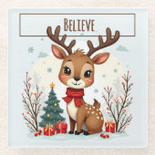 Cute Christmas Reindeer Scene Snowy Forest Glasuntersetzer (Vorderseite)