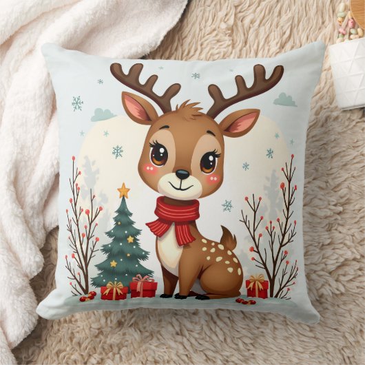 Cute Christmas Reindeer Scene Snowy Forest Kissen (Decke)