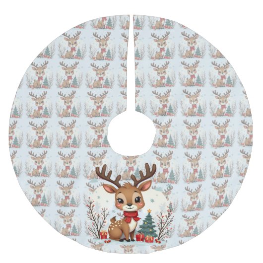 Cute Christmas Reindeer Scene Snowy Forest Polyester Weihnachtsbaumdecke (Vorderseite)