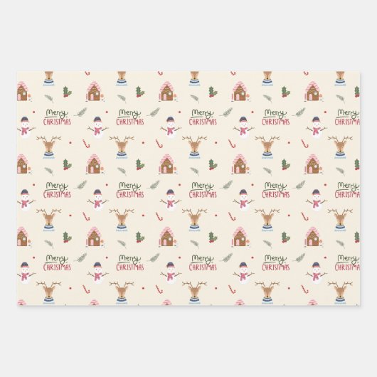 Cute Christmas Reindeer Snowman Pattern Whimsical Geschenkpapier Set (Vorderseite 2)