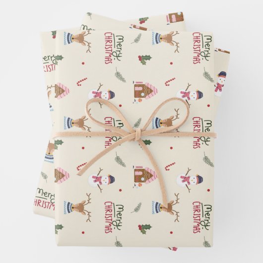 Cute Christmas Reindeer Snowman Pattern Whimsical Geschenkpapier Set (Beispiel)