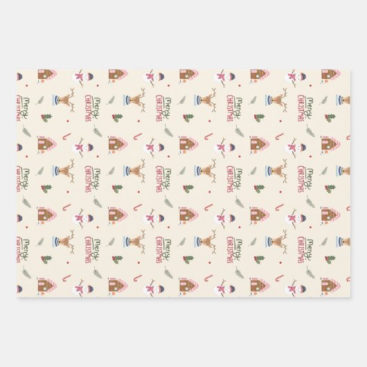 Cute Christmas Reindeer Snowman Pattern Whimsical Geschenkpapier Set (Vorderseite)