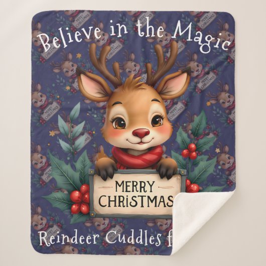 Cute Christmas Reindeer with Holly and Sign Sherpadecke (Vorderseite)