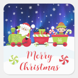 Cute Christmas Santa and Elf Train Quadratischer Aufkleber