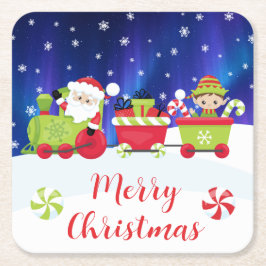 Cute Christmas Santa and Elf Train Rechteckiger Pappuntersetzer