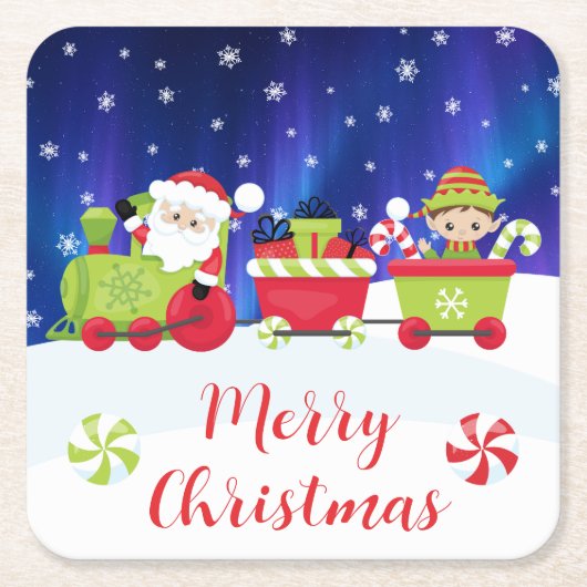 Cute Christmas Santa and Elf Train Rechteckiger Pappuntersetzer (Vorderseite)