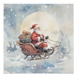 Cute Christmas santa sleigh cozy Holiday Wall Art Poster