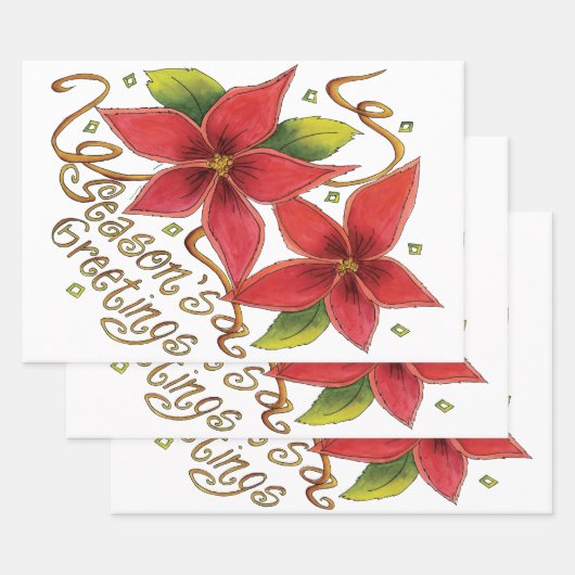 Cute Christmas Season's Greetings with Poinsettias Geschenkpapier Set (Set)