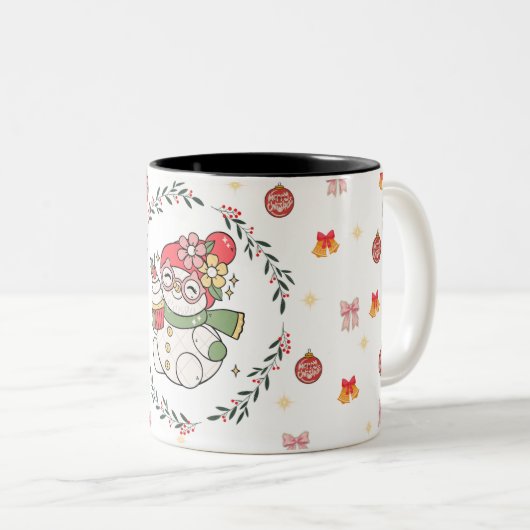 Cute Christmas Snowman Mug with Wreath Zweifarbige Tasse (VorderseiteRechts)